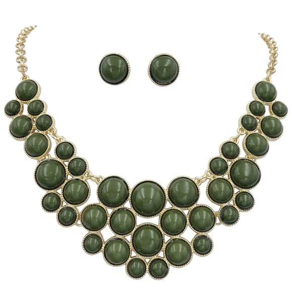 Olive Green Dot Bib Chunky Statement Necklace Earrings Set - Picture 1 of 3